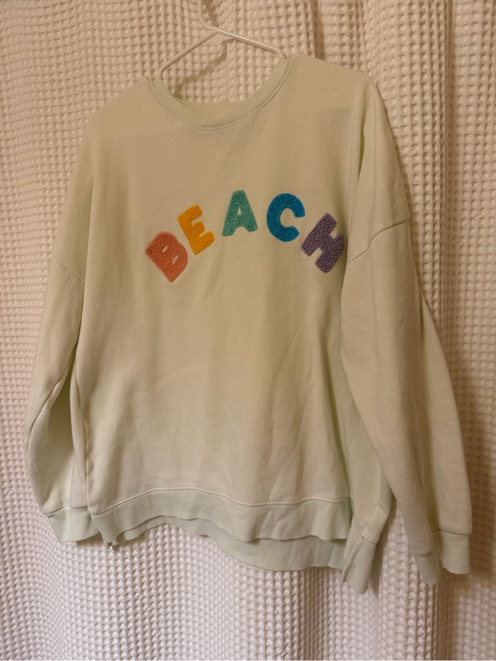 Vintage Havana Pastel Green 'BEACH' Chenille Letter Crewneck Sweatshirt